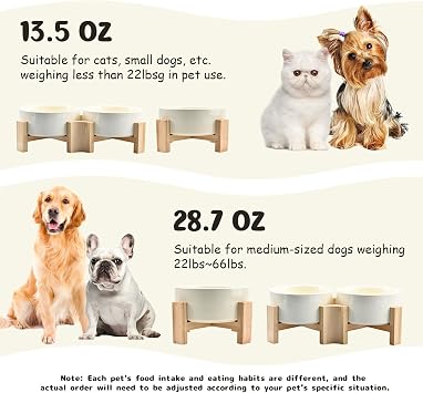 SPUNKYJUNKY 15 Slanted Ceramic Dog and Cat Bowl with Wooden Stand, Tilted Bulldog Food and Water Bowl No Slip Non-Spill for Cats Medium Dogs Big Face Pets 13.5 OZ (1.7 Cups, Beige 2)