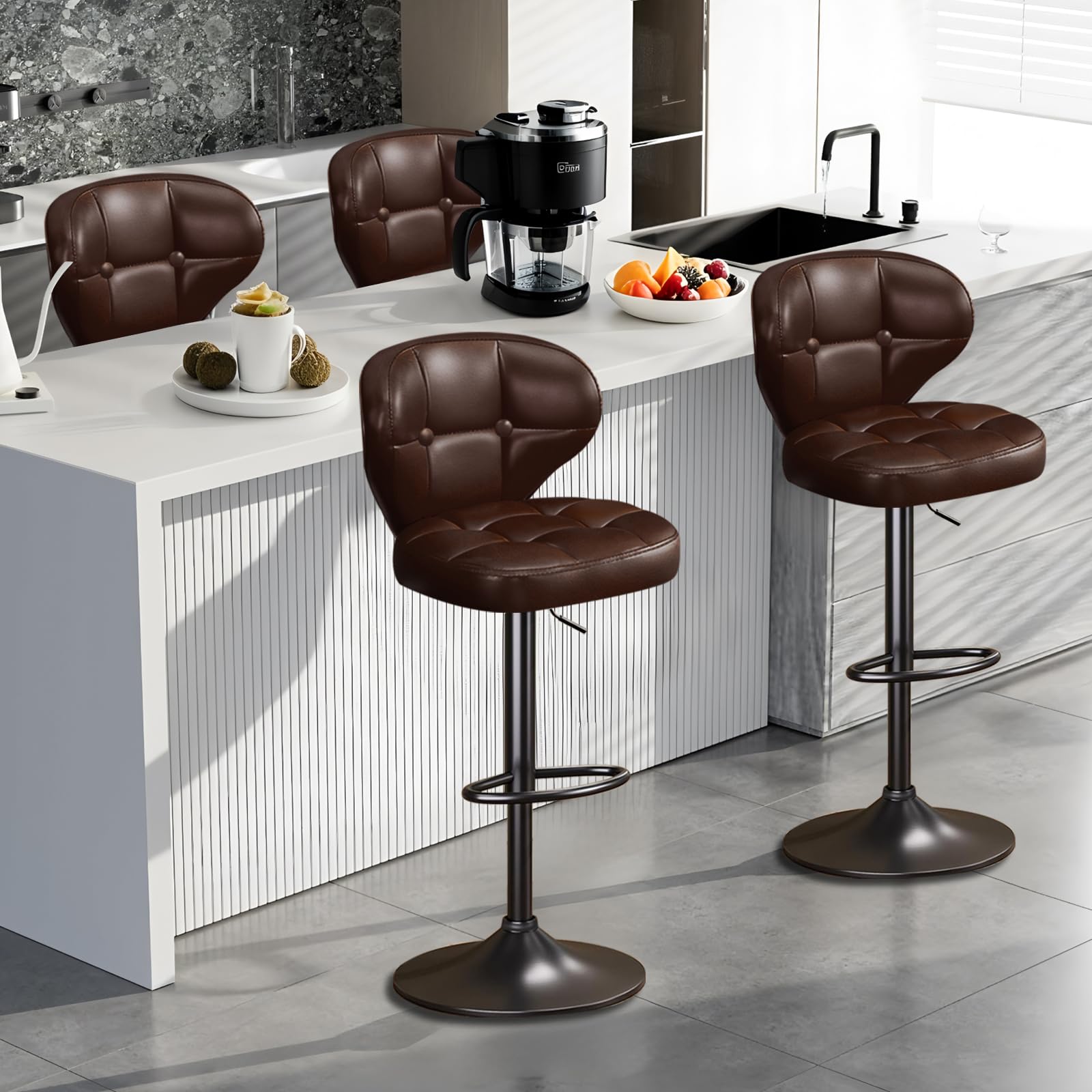 Timbertouch Bar Stools Set of 4,Adjustable Swivel Barstools, Modern PU Leather Upholstered Bar Chair with Back and Footrest,for Bar, Kitchen, Dining