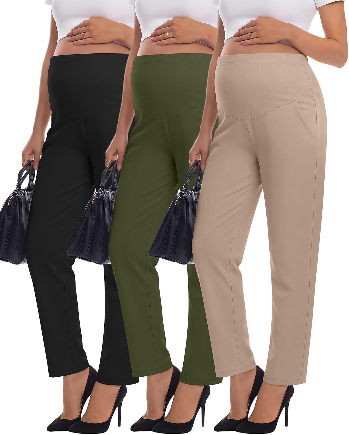 3 Pack Women's Maternity Pants for Work Pregnancy Dress Pants Over The Belly Straight Leg Casual Stretchy Pockets