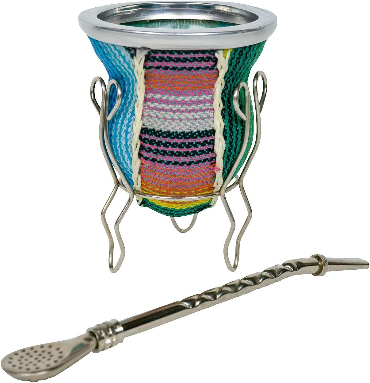 Colorful Cloth-Encased Glass Mate Gourd, Wire Stand and Bombilla (metal straw) Set by El Matero: Easy-Clean Glass | Handmade Artisan Design with Woven Cloth | Blue, Green, Yellow, Purple Striped Color