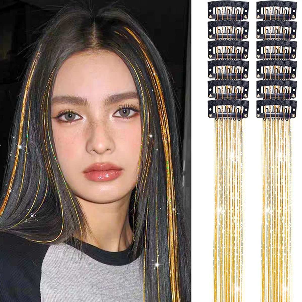 12 PCS Clip in Hair Tinsel Extensions Anti-slip Heat Resistant Shiny Tinsel Hair Extensions with Clips Champagne Sparkling Shinny Fairy Accessories for Women Girls Party Cosplay Halloween Christmas - Image 4
