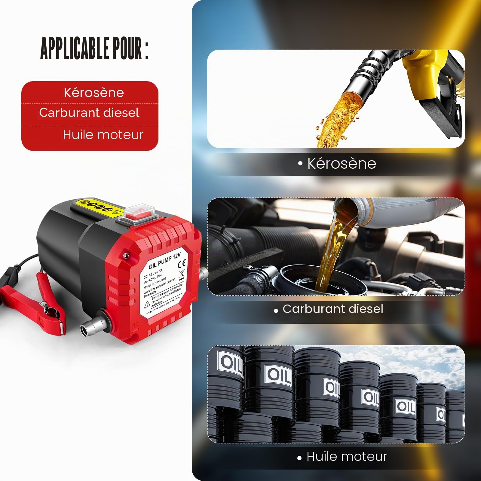 Pompe d'aspiration d'huile 12V 100W essence diesel fioul abzieher transfert pompe à huile auto