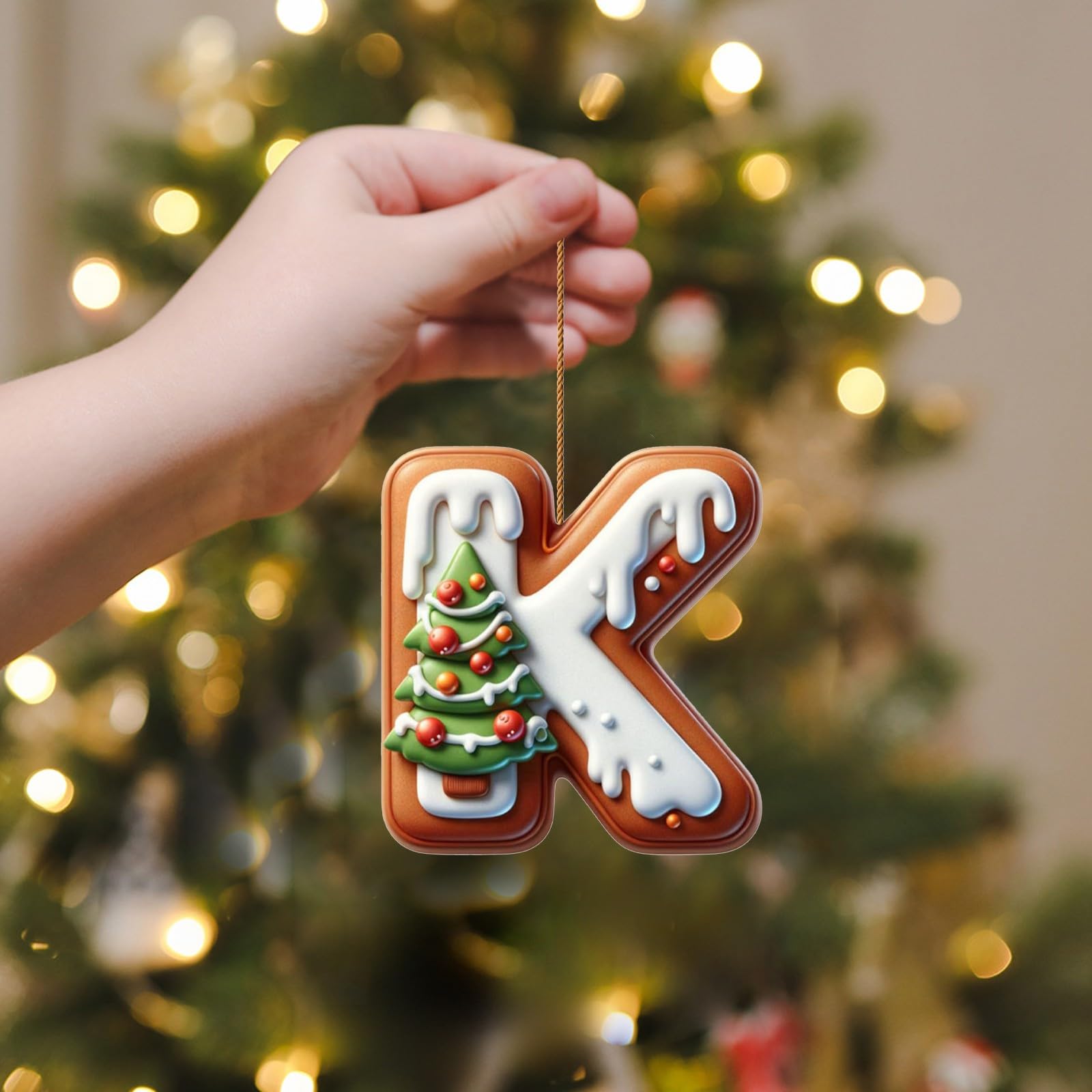 Corlidea K A-Z 26 Gingerbread Alphabet Ornaments For Christmas Tree Decorations, Candy Cane Initial Letter Xmas Pendant With Berries Pattern, Christmas Tree Hanging Ornaments Diy For Home Party Decor