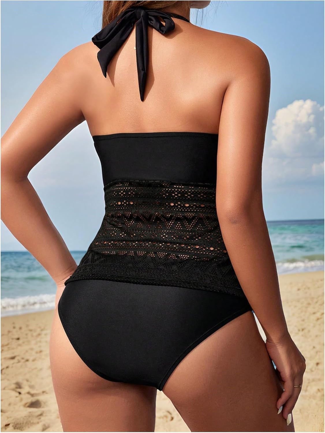 SHENHE Women's 2 Piece Hollow Out Halter Tankini Swimsuit Deep V Neck Mesh Bathing Suit - Image 2