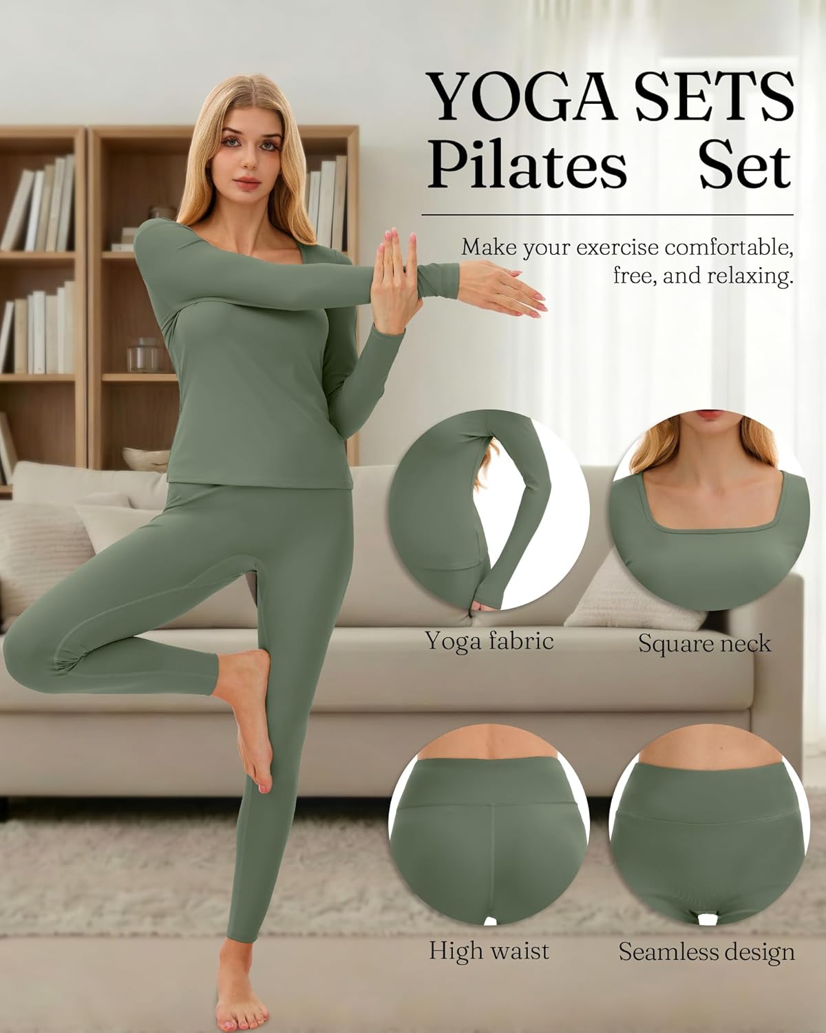 Women's 2 Piece Workout Sets Long Sleeve Yoga Square Neck Top High Waist Leggings Athletic Pants Active Sports Gym - Image 2