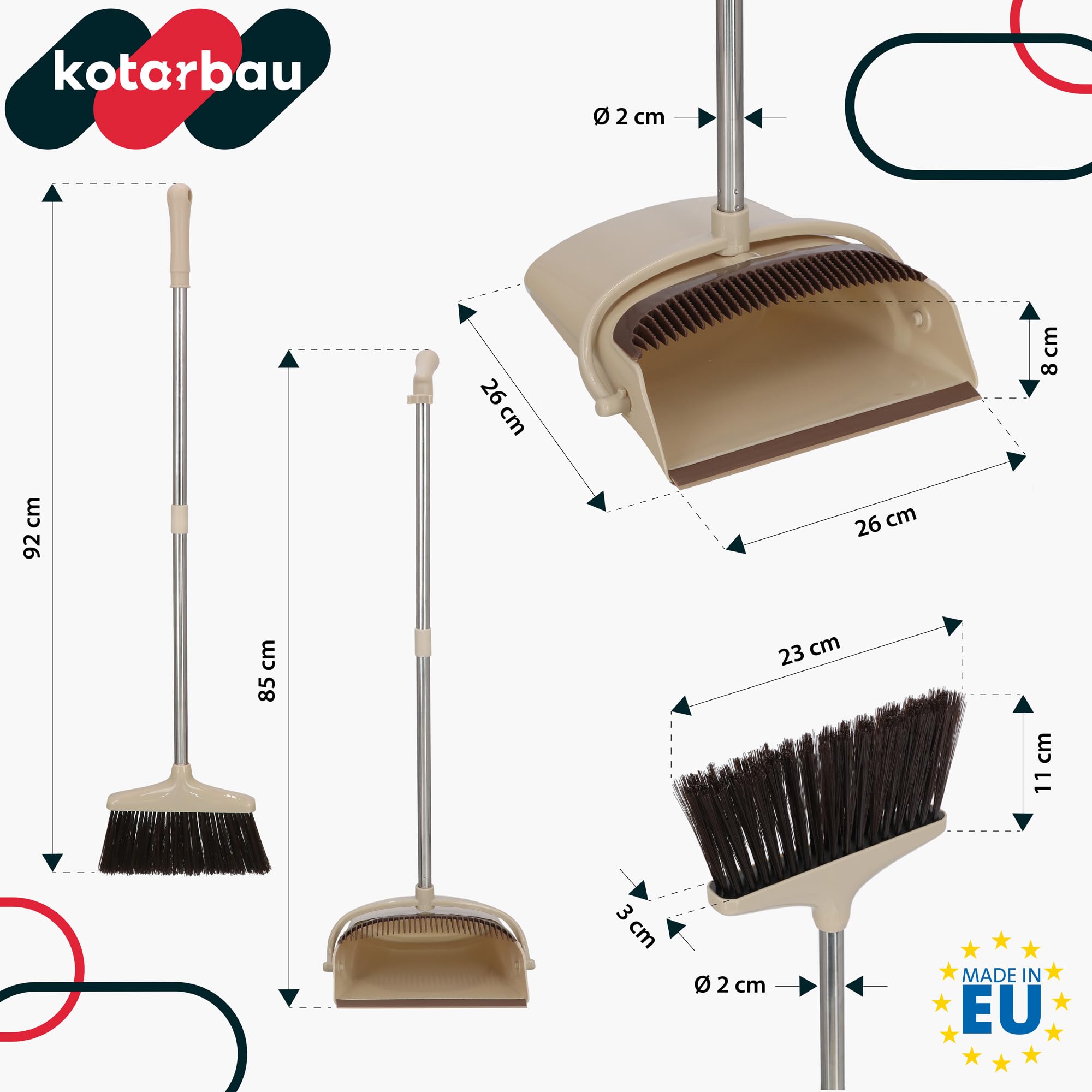 KOTARBAU® Set di scopa e paletta con manico lungo Alejandro, Scopa con manico e scopa senza piegarsi, Plastica e acciaio inossidabile, Ideale per pavimenti in linoleum, Colori: Crema, Nero, Argento