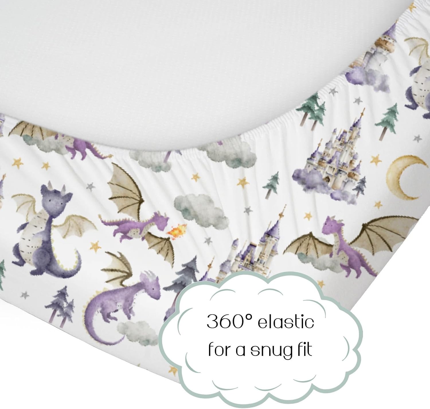 HawSkgFub Cute Dragon Fairy Tale Fitted Standard Crib Sheet Baby Girl Shower Gift, Purple Castle Cloud Moon Star Pine Tree Toddler Mattress Cover, Soft Stretchy Nursery Bed Sheets Decor 52" x 28"