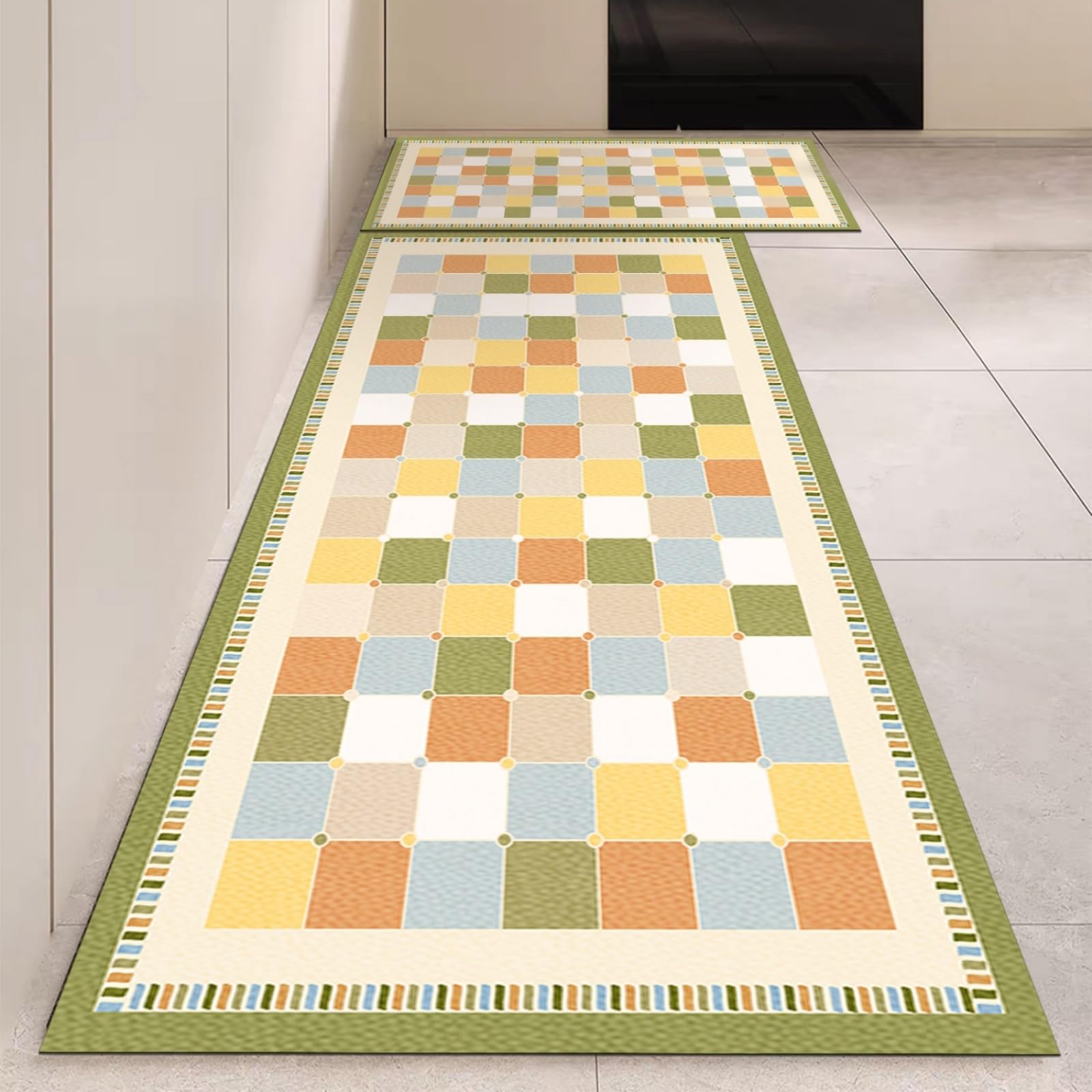Tappeto Cucina 50X80Cm+50X60Cm Geometria Arancione Moderni Tappetini Da Cucina 2 Pezzi,Antiscivolo Impermeabile Tappeti Da Cucine,Lavabile, Adatto Per Corridoi, Cucine, Bagni