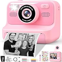 Gontence Macchina Fotografica Bambini, 2.4″ HD Selfie Fotocamera Bambini con Scheda da 32 GB e 3 Rotoli di Carta da Stampa, Giochi Regalo Natale bambini bambino Nero digitale(Rosa)