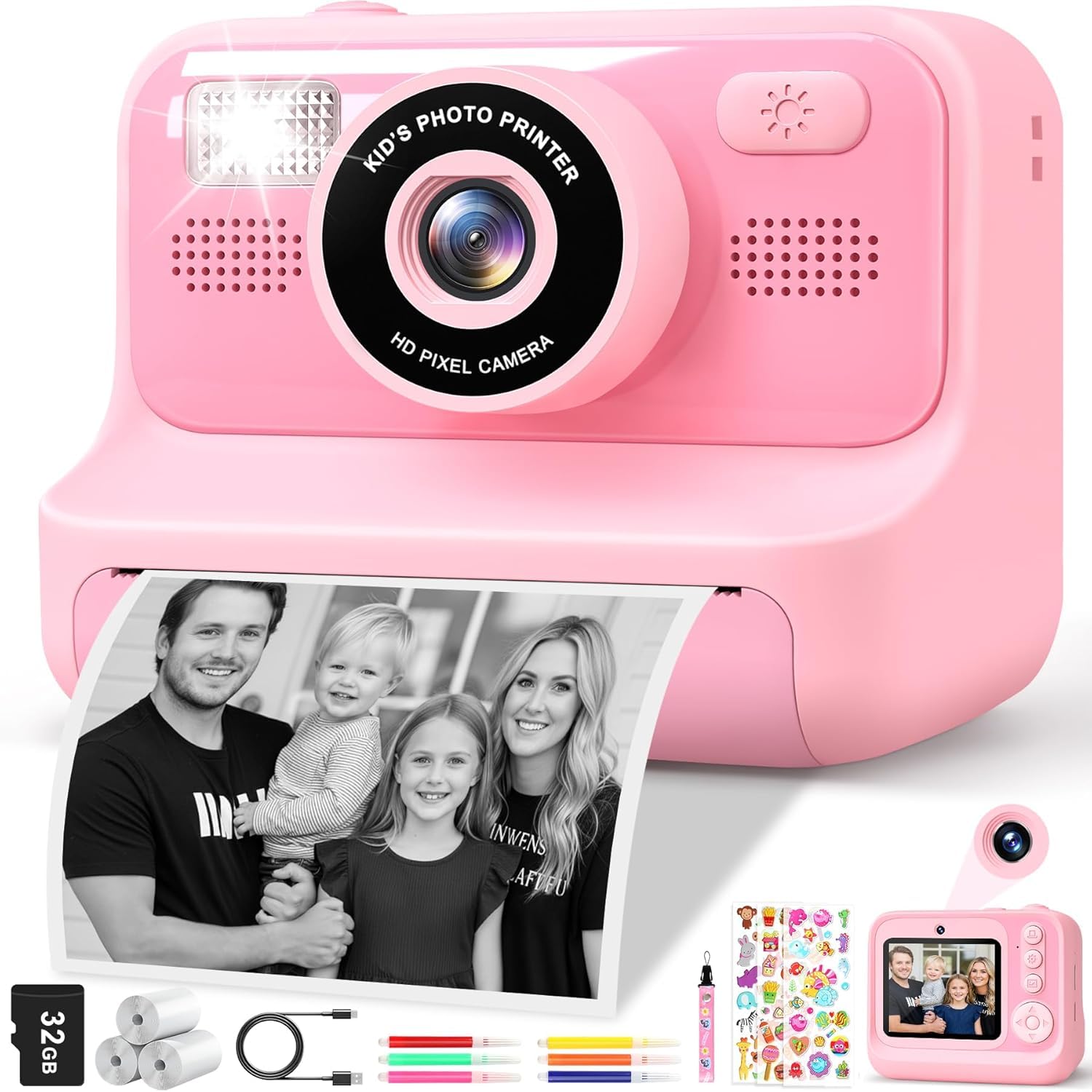Gontence Macchina Fotografica Bambini, 2.4" HD Selfie Fotocamera Bambini con Scheda da 32 GB e 3 Rotoli di Carta da Stampa, Giochi Regalo Natale bambini bambino Nero digitale(Rosa)