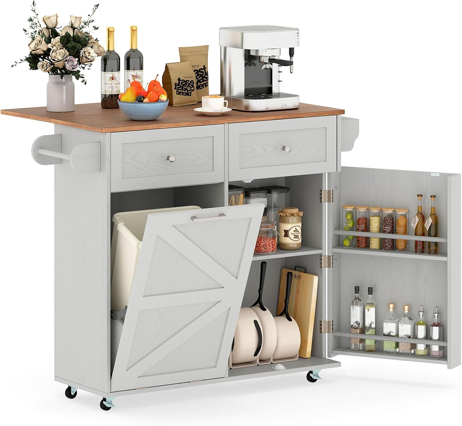 Giantex Kitchen Island Cart with Hidden Tilt Out Trash Can Cabinet, Drop Leaf, 2 Drawers, Towel Rack, Rolling Mobile Breakfast Bar Table, Wood Kitchen Storage Cart on Wheels (Grey & Natural)