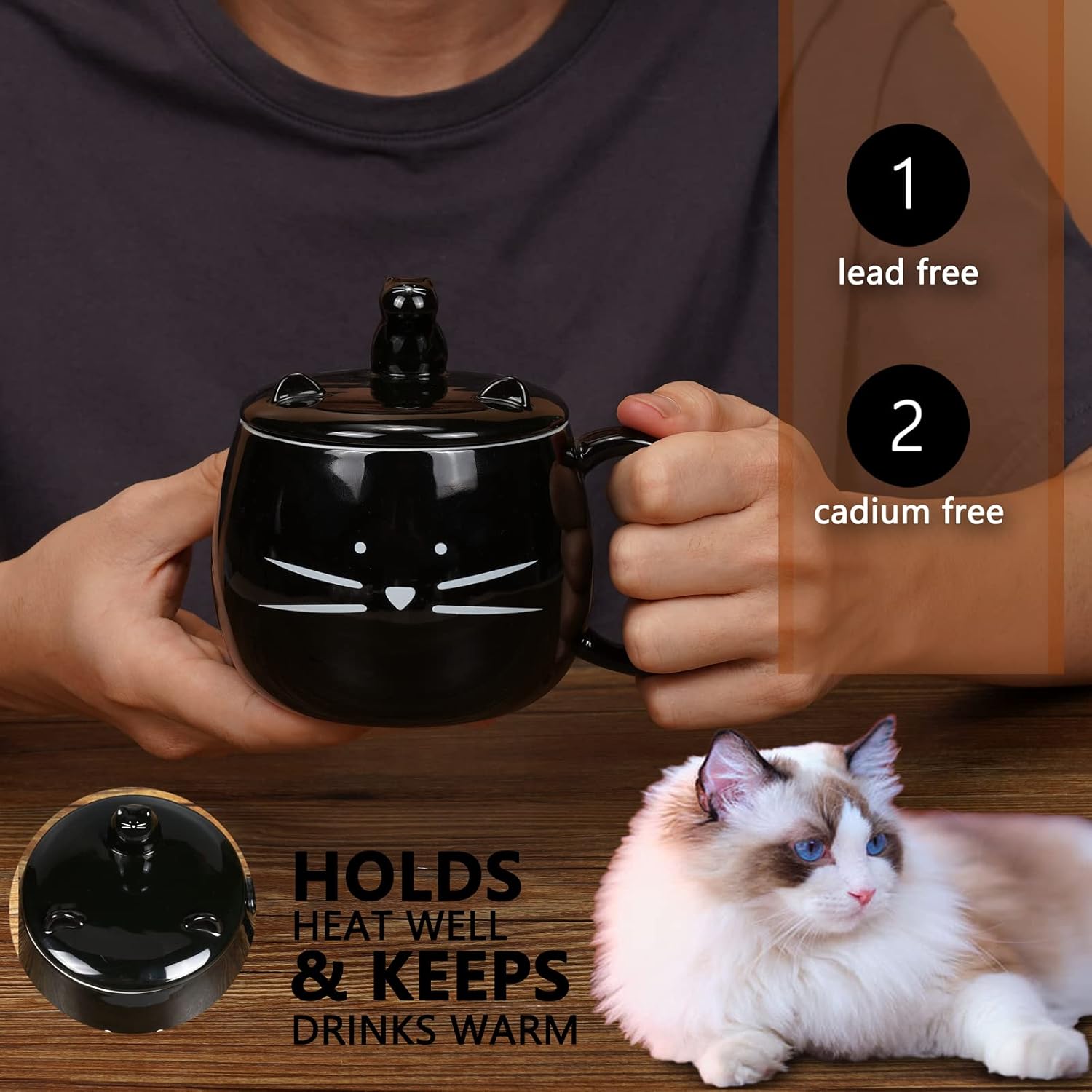 Koolkatkoo Ceramic Cat Mug - Black Ceramic Coffee Cup, Coffee Mug with Lid and Spoon, Cute Kitty Design with Phone Holder, Gifts for Women Cat Lovers - Image 6