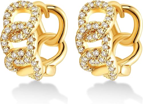 BENEIGE Dainty Huggie Hoop Earrings 14K Gold Plated Cubic Zirconia Link Huggie E