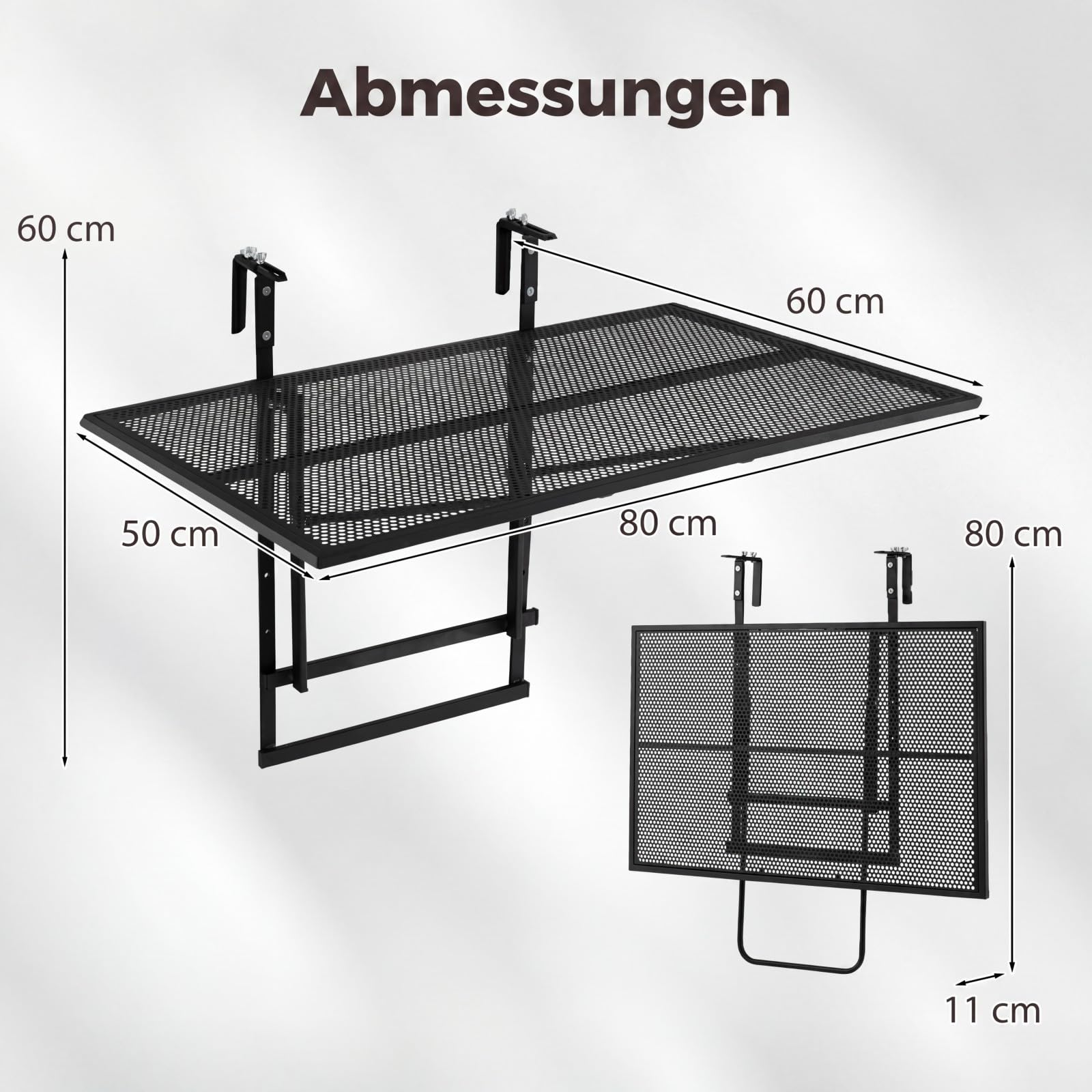 COSTWAY Balkontisch klappbar, 80x50 cm, Balkonhängetisch zum Einhängen, 5-Fach höhenverstellbar, Klapptisch aus Metall, rechteckiger Hängetisch für Balkon, 24 kg Tragfähigkeit, Schwarz