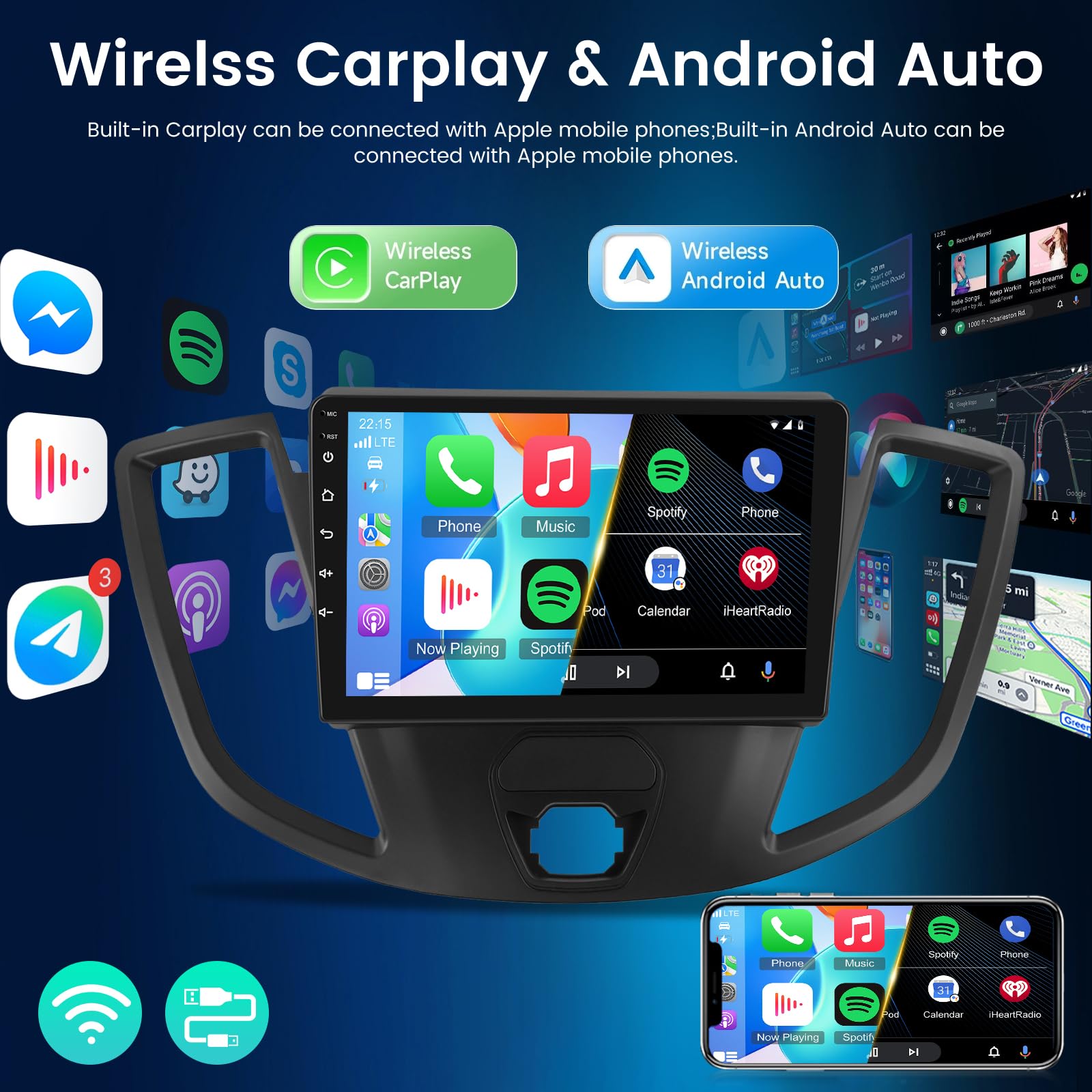 NHOPEEW 4+64G Radio Voiture pour Ford Transit 2015-2018 - Radio Android 9 Pouces avec sans Fil Carplay et Android Auto - Mirror Link 32EQ DSP Écran Divisé + Caméra de Recul & Microphone