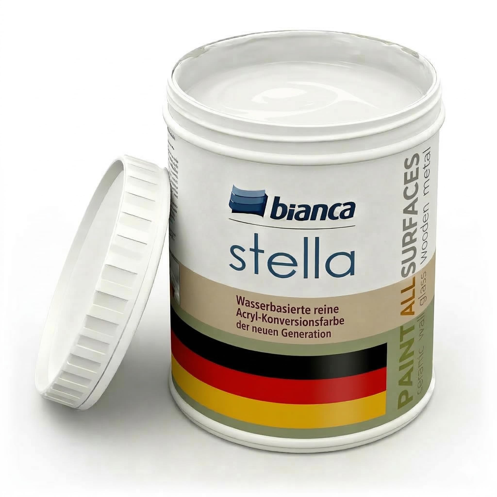 Bianca Stella Vernice per mobili premium senza carteggiatura per cucina e bagno, Bianco, Lucido, 1000ml, a base acquosa, vernice acrilica per tutte le superfici, legno, piastrelle, metallo