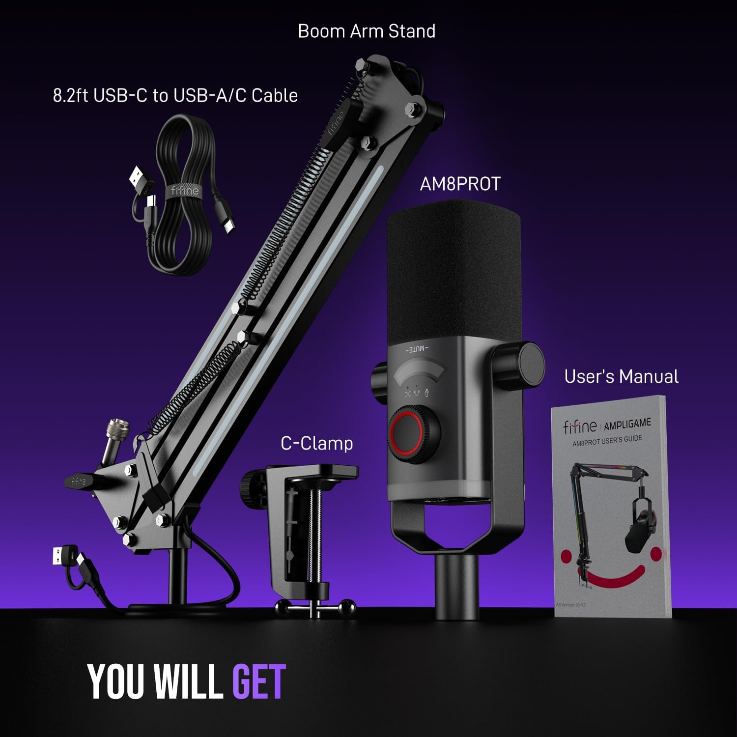 FIFINE Gaming Microphone Kit, XLR/USB Dynamic PC Microphone with Boom Arm for Podcast Recording, RGB Streaming Mic Set, Tap-to-Mute, Mix Control, Headphone Jack-AmpliGame AM8PROT - Image 8