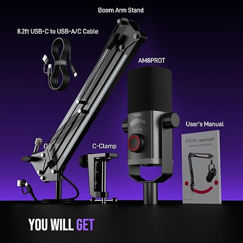 Miniatura 8 de Kit de micrófono de juego FIFINE, micrófono dinámico XLR/USB para PC con brazo articulado para grabación de podcast, juego de micrófono RGB