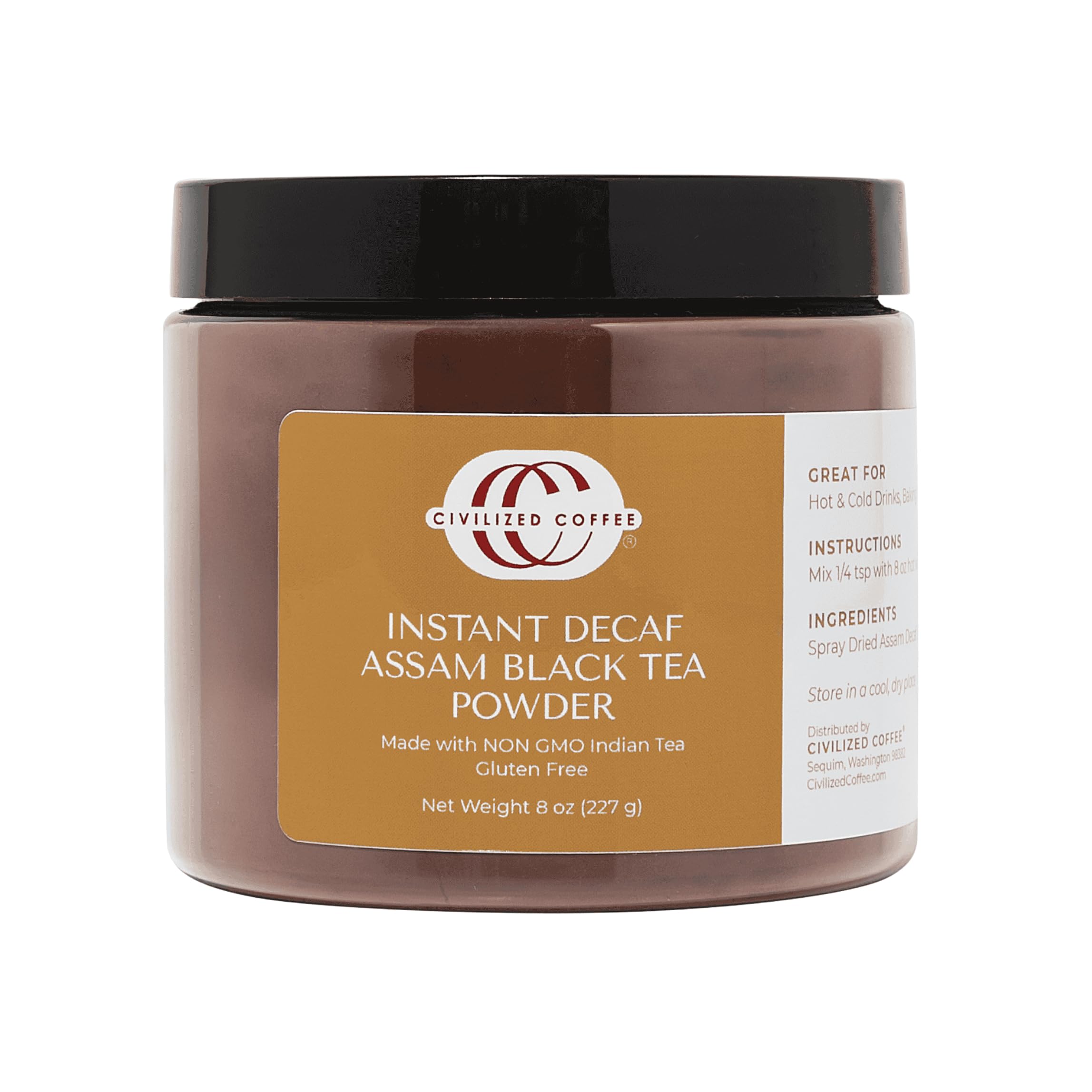 Civilized Coffee Decaffeinated Instant Black Tea Powder Assam for Hot Tea, Iced Tea & Baking (8oz)