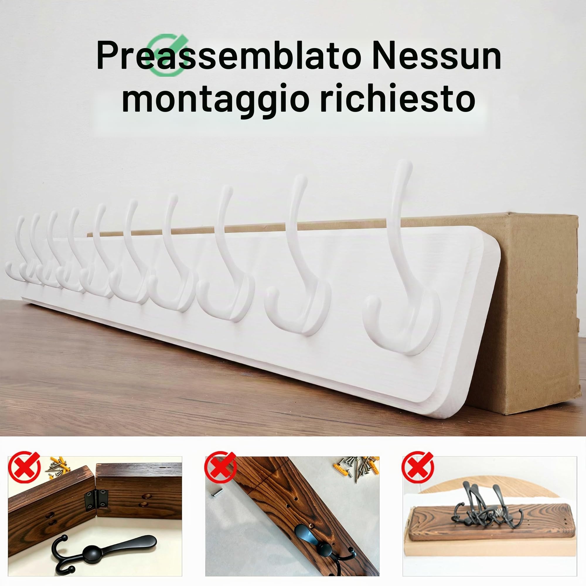 WEBI Appendiabiti da Parete,98cm Lungo 10 Ganci Attaccapanni da Muro,Appendiabiti da Muro Legno,Appendino da Muro,Attaccapanni da Parete per Ingresso Cappotto,Vestiti,Bianca