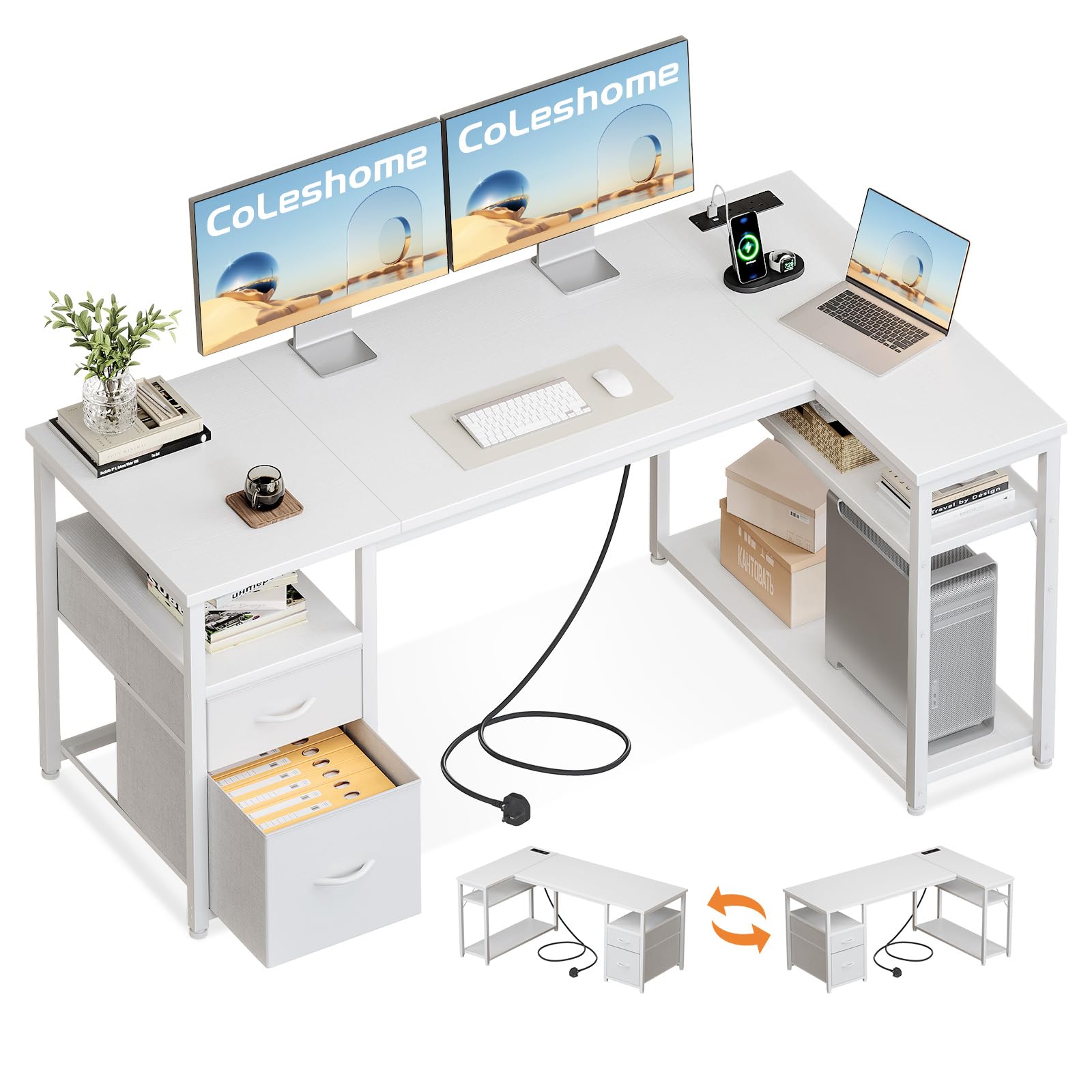 Coleshome Computer Desk with Drawers, 140×80 cm Corner Office Desk with Built-in Power Outlet, Reversible L Shaped Desk with Storage Shelves for Home Office, White