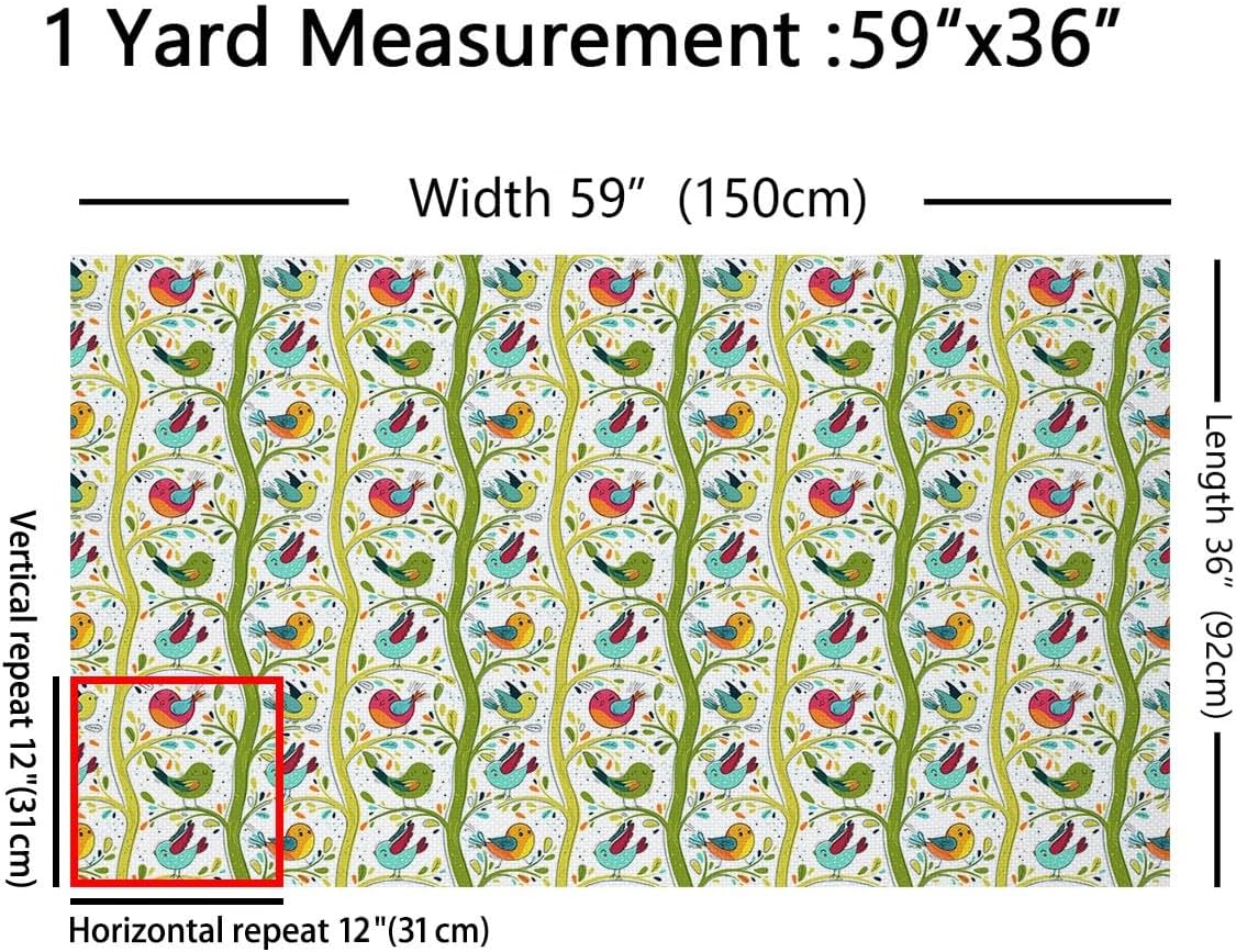 Watercolor Bird Waterproof Fabric by The Yard Cute Graffiti Cartoon Birds Home DIY Fabric by The Yard Geometric Line Tree Polka Dot Upholstery Fabric for Arts Craft Quilting Sewing,3 Yards