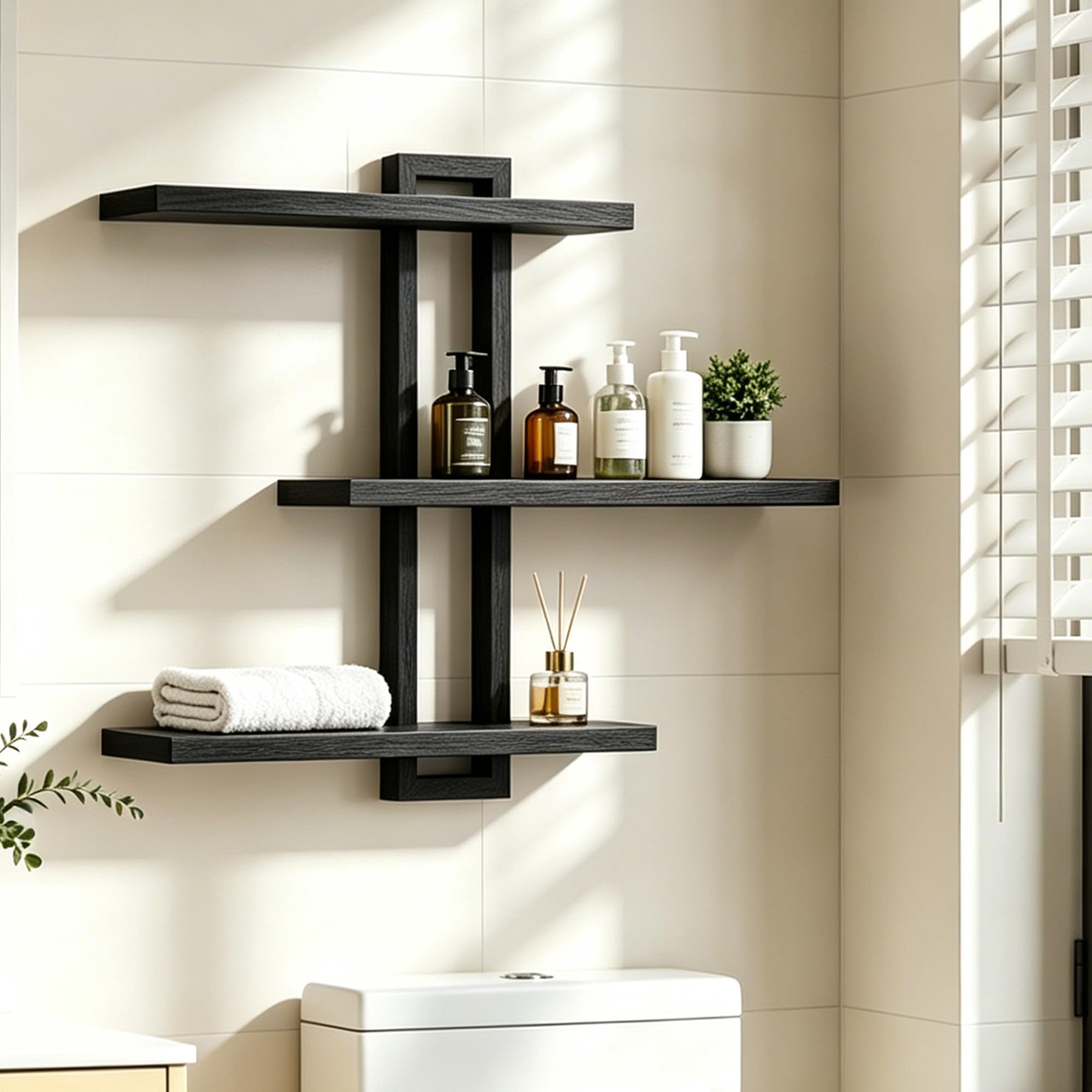 Wandregal Schwarz, großes Hängeregal aus Massivholz mit 3 Ablagen, 50 × 58 cm | Modernes Schweberegal zur Wandmontage für Wohnzimmer, Schlafzimmer, Bücher, Pflanzen und Deko