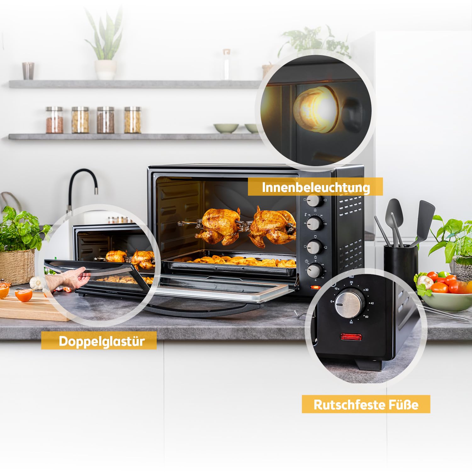 TZS First Austria - Minibackofen 60L 2000W - Mini Backofen Pizzaofen Temperaturregelung bis 230°C & 6 Modi - Geräumiger Miniofen mit 60 Min. Timer, 4 Einschubhöhen, Backblech, Grillrost & Drehspieß