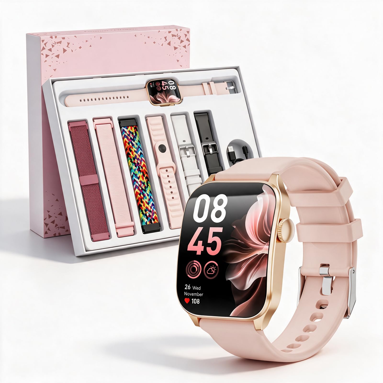 Smartwatch Damen, 1,91" HD-Kurvdisplay Smart Watch mit 7 Armbänder/Geschenkbox, Fitness Tracker, 100+Sportmodi Fitnessuhr mit Herzfrequenz/Schlafmonitor/ IP67 Wasserdicht Sportuhr für Android iOS