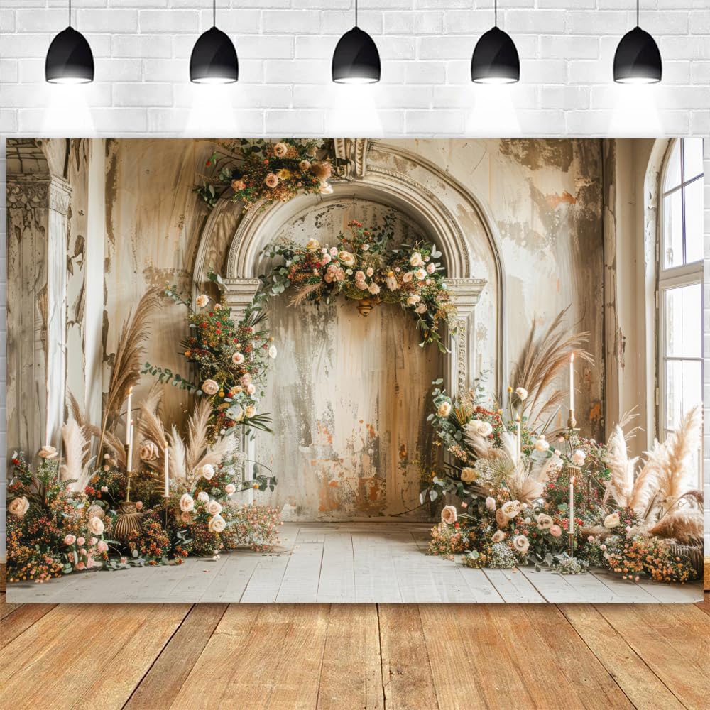 7x5ft Boho Cream Colored Arch Floral Backdrop for Photography Beige Reed Realistic Stylish Photography Background Wedding Maternity Portrait Backdrop