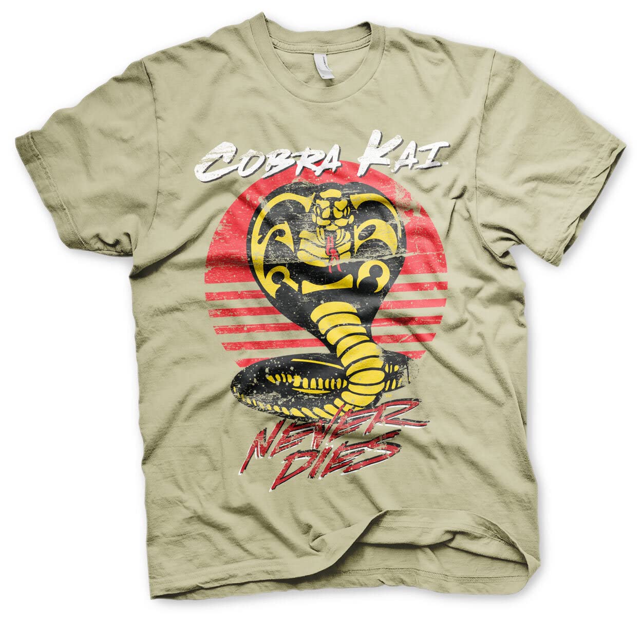 Cobra Kai Men's Khaki Officially Licensed Never Dies T-Shirt (Khaki), Medium