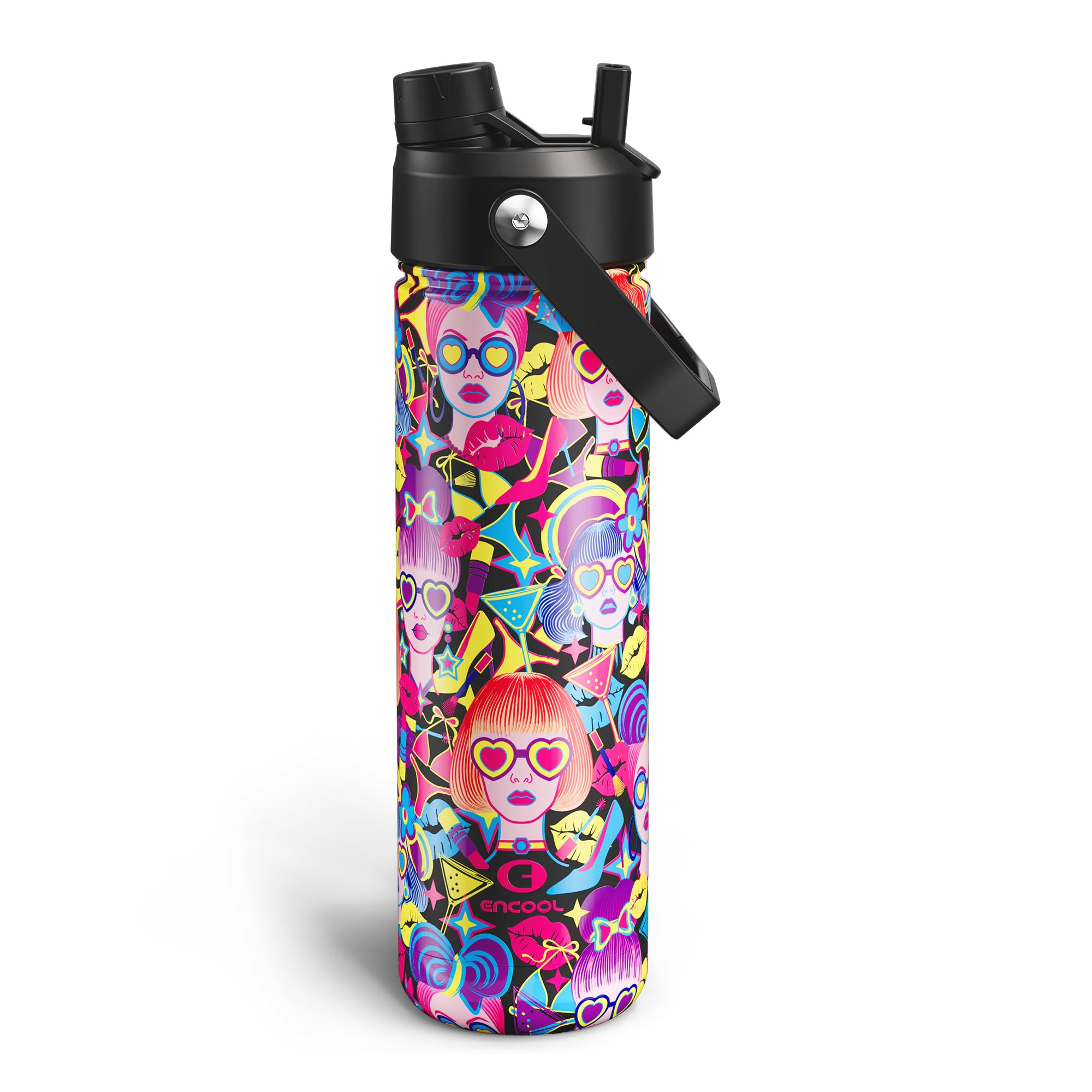 ENCOOL Insulated Water Bottle with Straw Stainless Steel Water Bottle, Leak-Proof, BPA-Free, Double Wall Vacuum Keeps Cold for 24 Hours for Sports, Travel, School (26 oz, Cyan Girl)