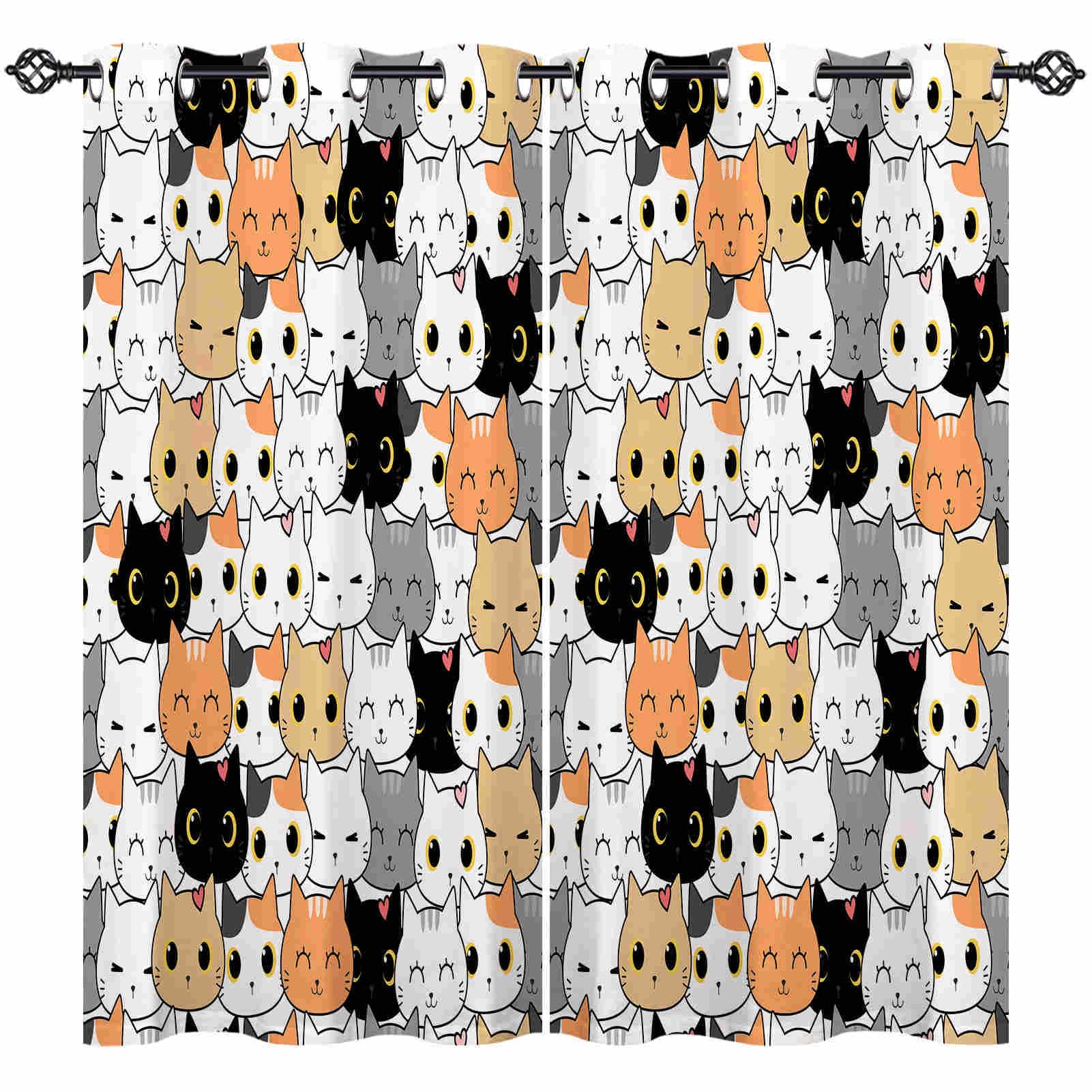 ANHOPE Cat Curtains Eyelet Soft Thermal Insulated Blackout Curtains Cute Cartoon Animal Kitten Head Print Pattern Ring Top Window Drapes for Kids Bedroom Living Room 55 x 69 Inch 2 Panels