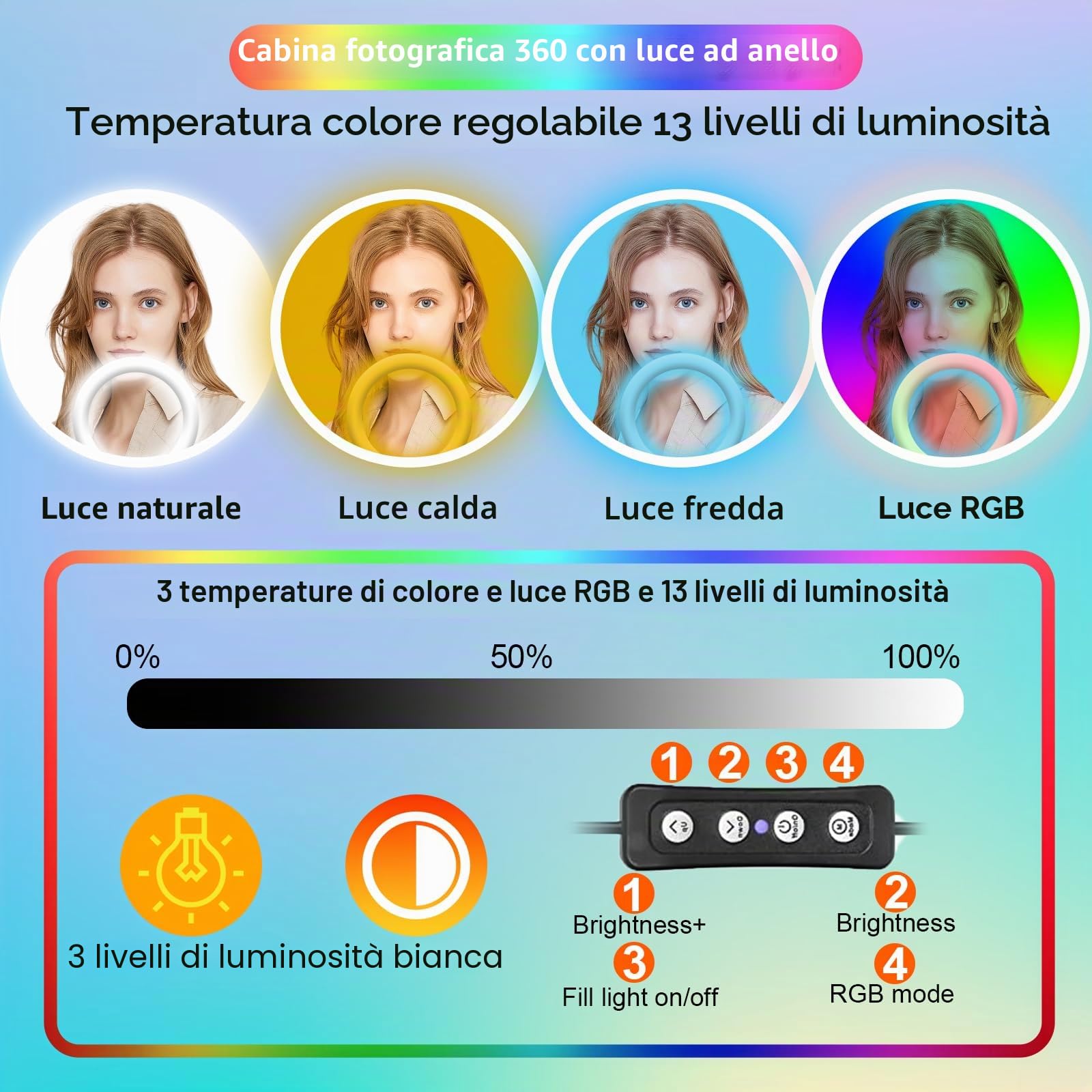 Cabina fotografica a 360 gradi, veloce o rallentatore automatico, logo personalizzato, custodia di volo, telecomando APP, luce anulare RGB (100 cm/39,4 pollici)
