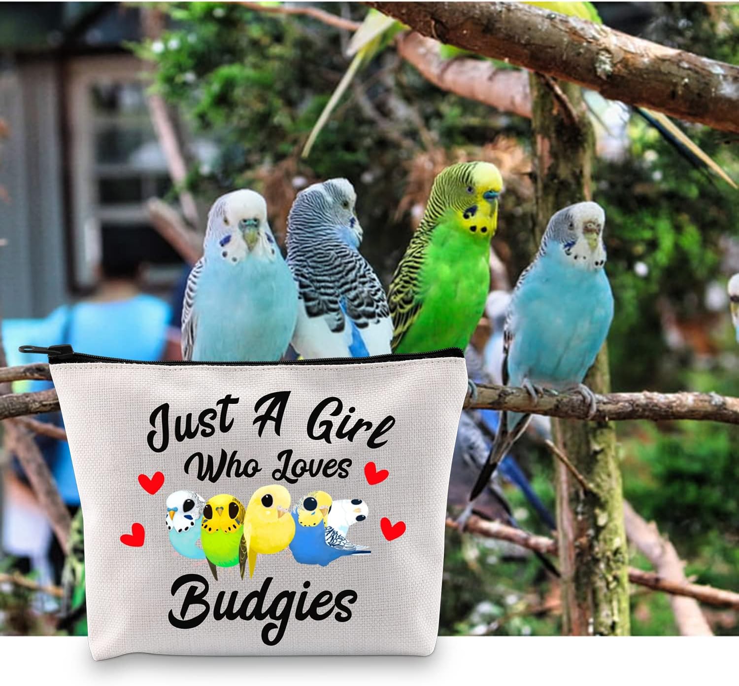 G2TUP Budgie Lover Gift Who Loves Budgies Makeup Bag Budgie Mom Cosmetic Bag Parakeet Pet Bird Lover Gift for Budgerigar Girls Women (Who Loves Budgies White Bag) - Image 7