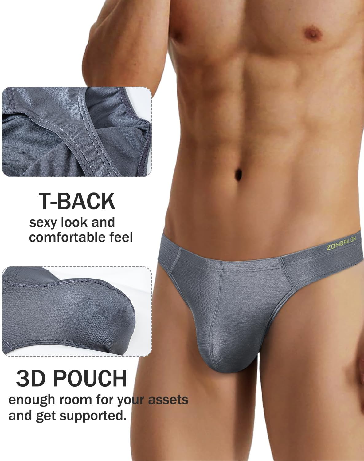 ZONBAILON Men's Thong Underwear with Pouch Silk G-String Male Thong Set Sexy Bikini Underwear for Men Pack
