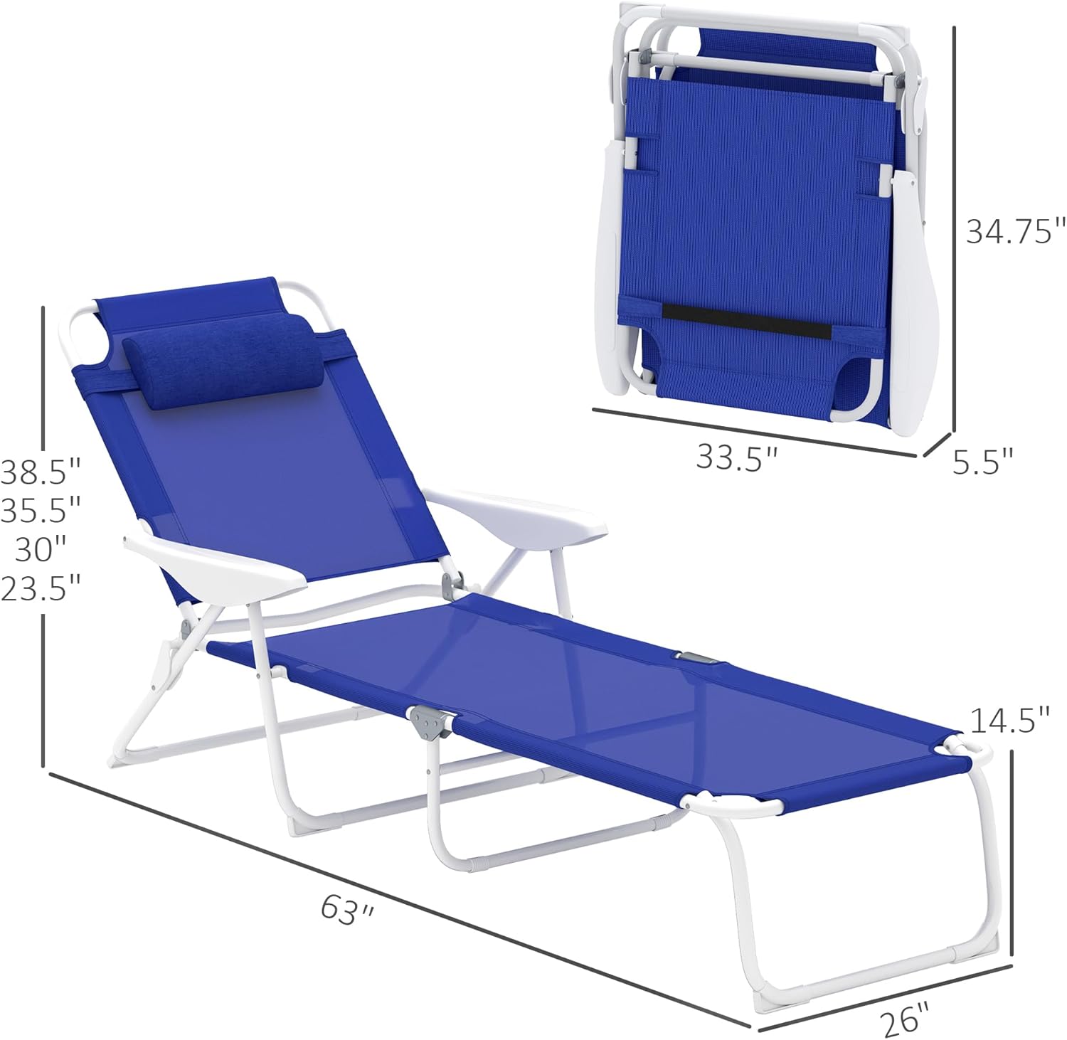 Adjustable Reclining Pool Lounge Chair - 4-Position Foldable Chaise with Removable Pillow & Armrests, 265 lbs Capacity (Blue)