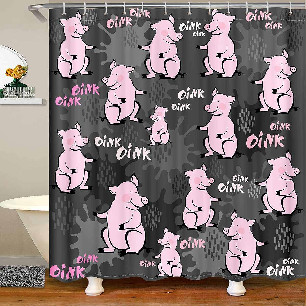 Loussiesd Cute Pigs Shower Curtain Cartoon Animal Bath Curtain Waterproof Polyester Funny Bathroom Curtains with 12 Hooks Black and Pink 59x71 Inch Machine Washable
