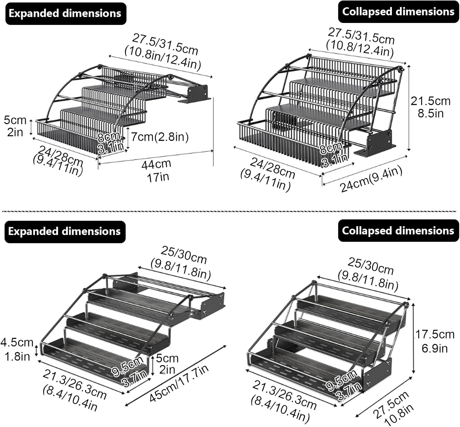 Pull Down Spice Rack for Upper Cabinets 3-Tier Adjustable Upper Cabinet Pull Down Shelf Upper Foldable Lifting 5cm Heightened Guardrail Suitable for Kitchens and Bathrooms Black - 25cm