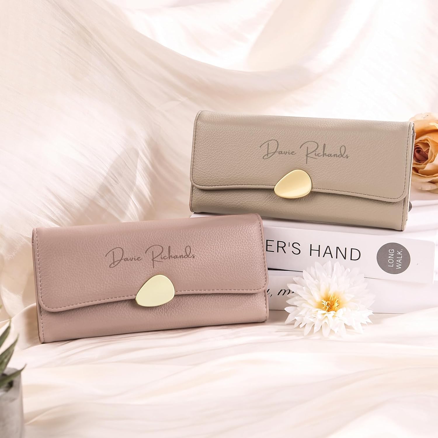 Personalized RFID Wallets for Women – Custom Name & Photo Leather Clutch, Double Zipper Large Capacity Wristlet, Mothers Day Wallet Gift for Mom Wife (2-Khaki)