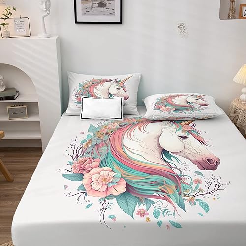 Miniatura 2 de NOGAWA Juego de sábanas de unicornio tamaño King, sábanas de flores, sábanas y fundas de almohada estampadas de 4 piezas, sábana bajera ajustable de