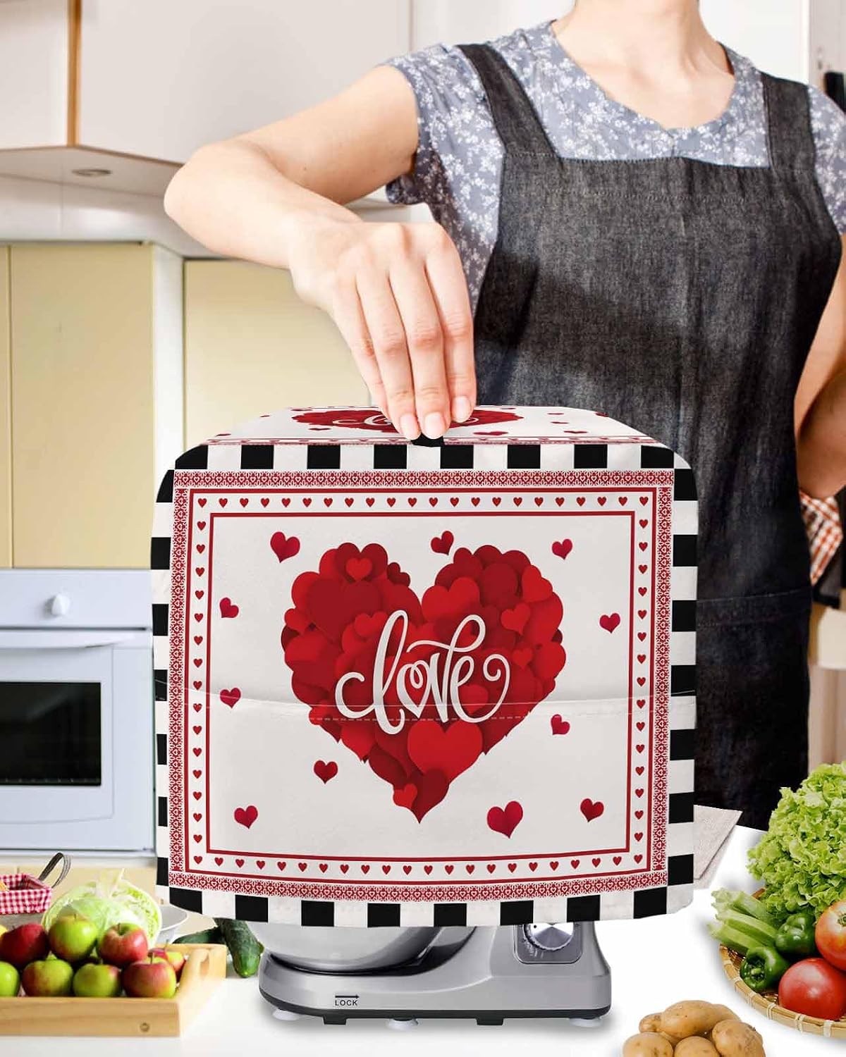Stand Mixer Cover with Storage Pocket, Valentine's Day Waterproof Kitchen Mixer Covers, Red Love Heart Plaid Modern Art Kitchen Appliance Dust Cover Compatible with 4/4.5 Quart Mixers