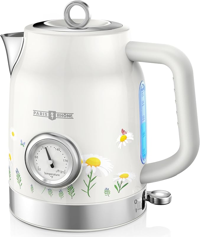 Hervidor eléctrico retro de acero inoxidable, tetera de agua caliente inalámbrica de 1,7 l con termómetro, calentamiento rápido de 1500 W, indicador LED, apagado automático y protección contra ebullición en seco