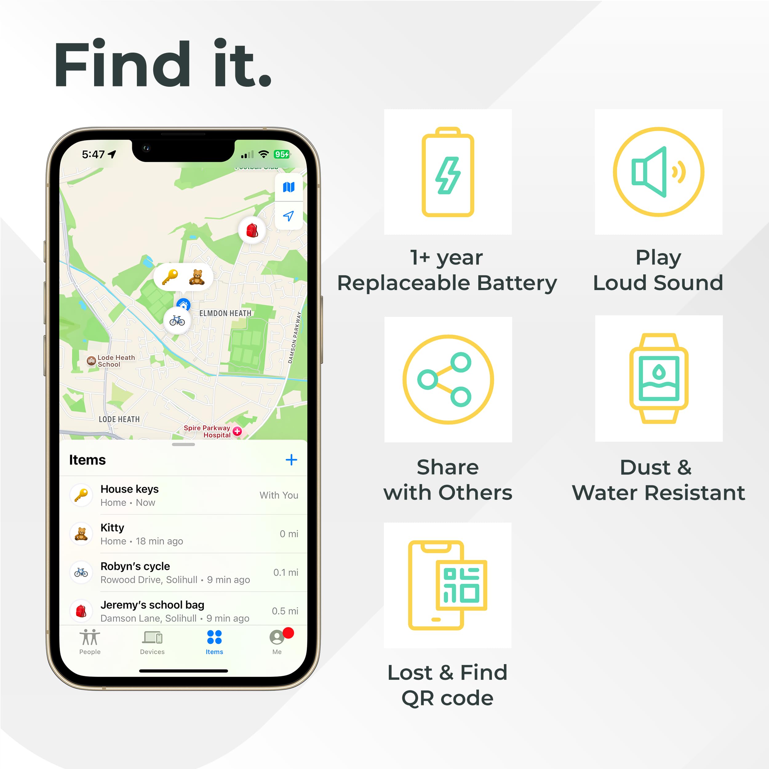 Roam Smart Tracker, Works with Android and iPhone, Track your keys, bags, bikes, and more, Replaceable 1-year battery, Water and dust resistant, Built-in strap and key cord (Black, Single) — view 7