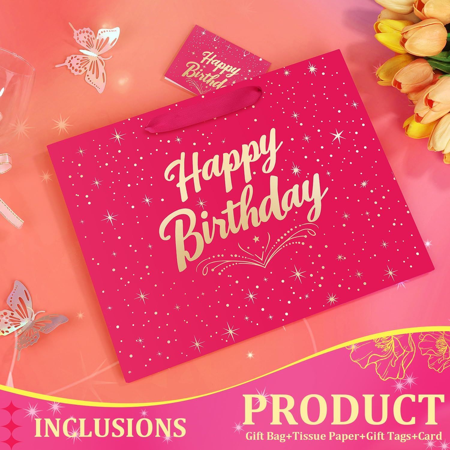 Large Happy Birthday Gift Bag with Tissue Paper and Greeting Card, 2PCS Pink Gift Bag for Men Women Birthday, Party, Medium size - Image 3
