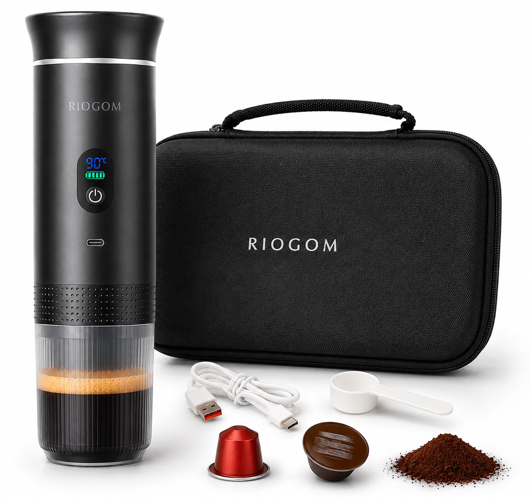 ️ Cafetera Portátil de Capsulas 3 en 1 Outin 12v Usb-C + Estuche rígido, Compacta, Ligera Y Recargable, Ideal para Tomar Cafe Caliente en Camping, Coche, camion Oficina etc. (Negro)