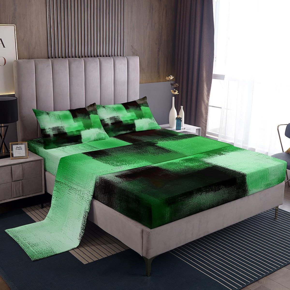 jejeloiu Abstract Fitted Sheet Twin Size Kids Geometric Bedding Set for Boys Girls Teens Green Black Bed Sheets Set