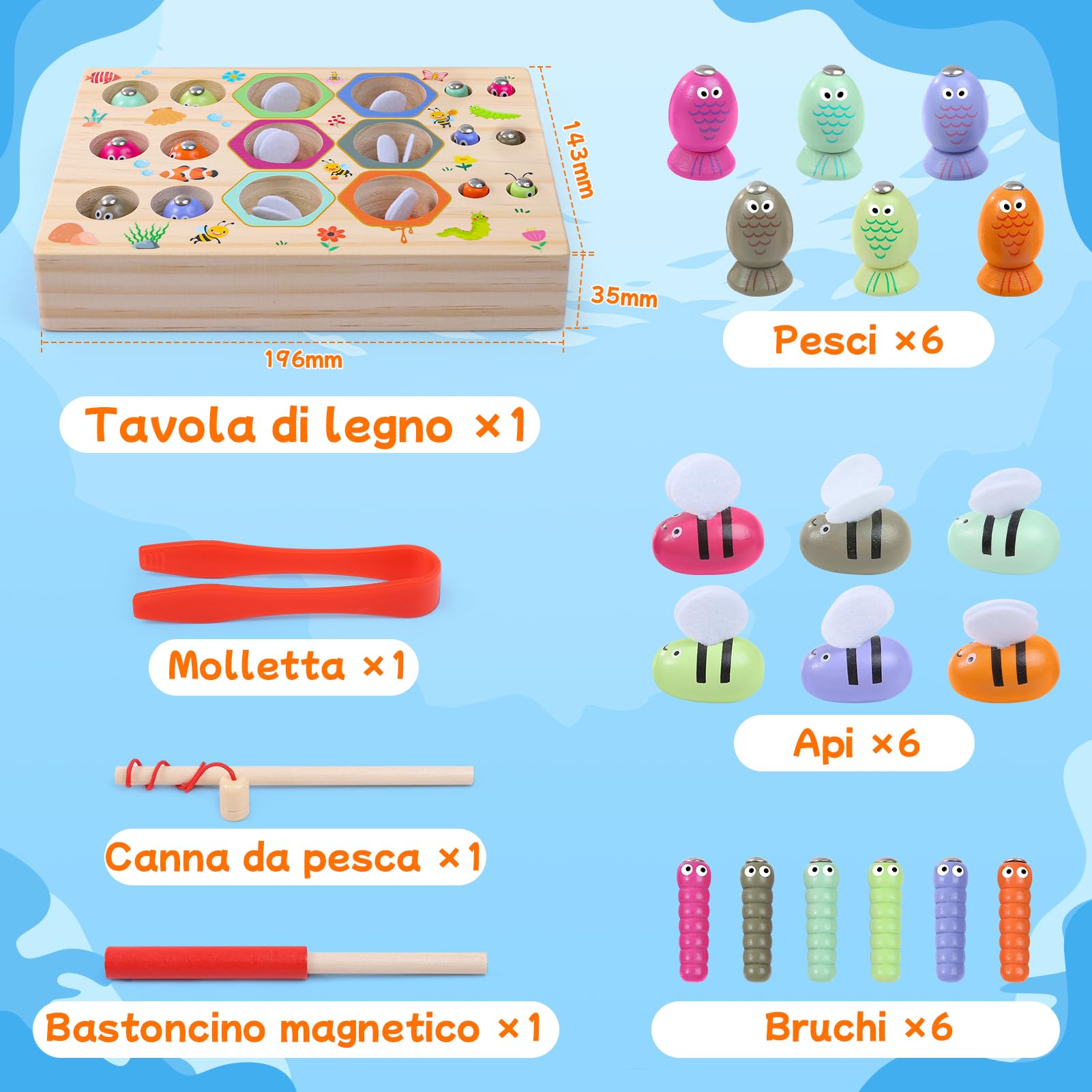 Gioco di Pesca Magnetico, 3 In 1 Giocattoli da Pesca in Legno per Bambini, Giocattoli Montessori, Giochi Educativi, Regalo per Compleanno di Natale di 3 Anni per Ragazzo e Ragazza