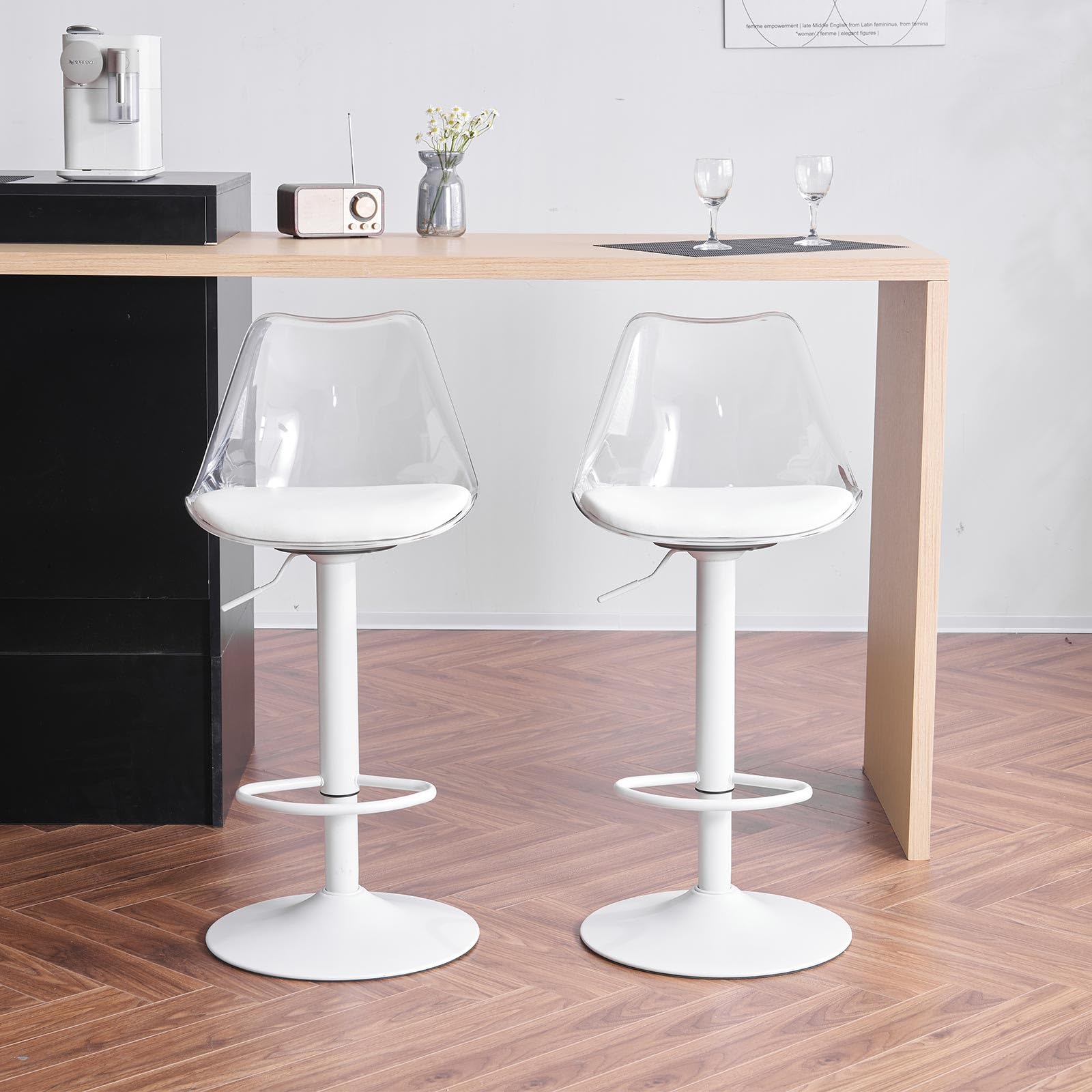 Barhocker Transparent 2er Set, Höhenverstellbare Tresenhocker mit Rückenlehne & Fußstütze, Drehbare Barstühle 360° gepolstert, Moderne Küchenhocker für Esszimmer, Theke & Bar (Weiß)