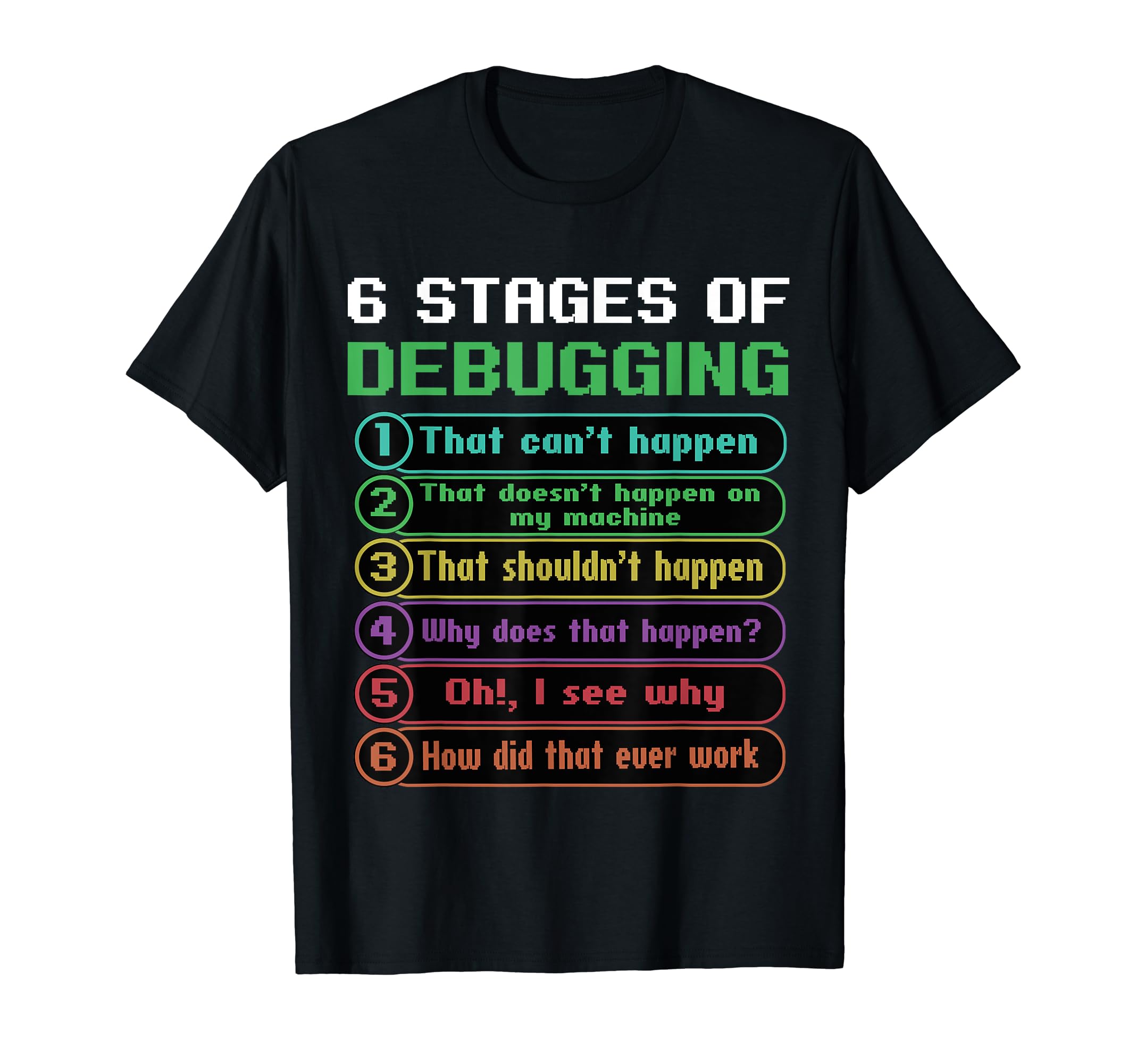 6 Stages of Debugging, Coding101 Software EngineerDebugging Bug Coding, Computer Science Programmer Coder T-Shirt